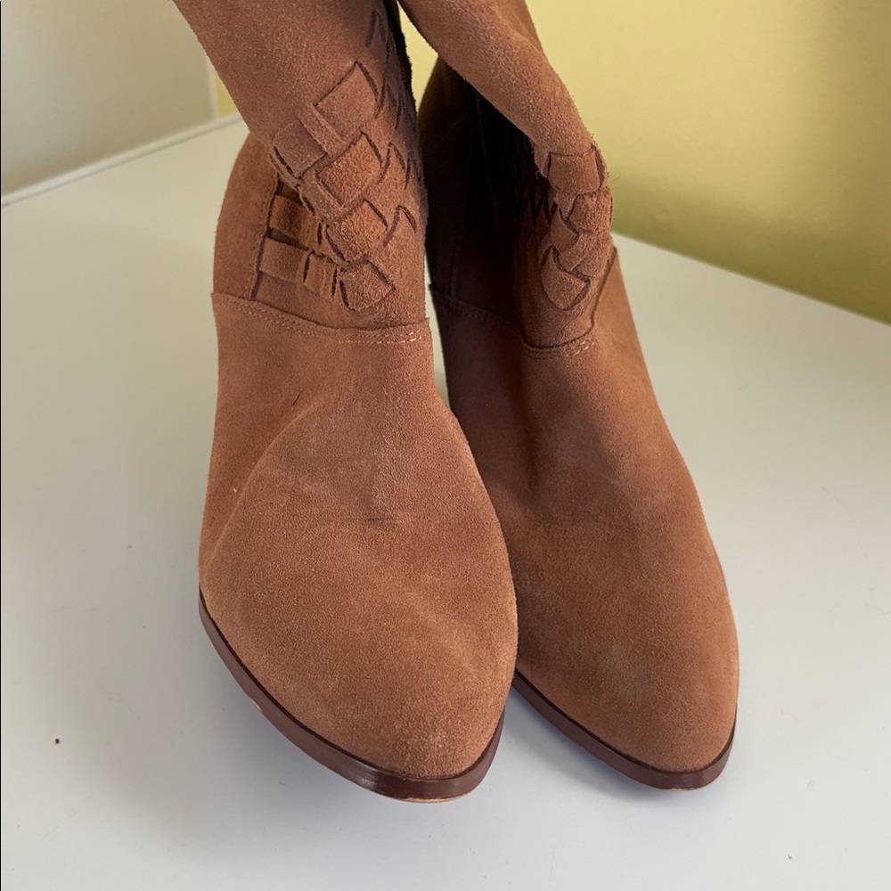 farylrobin Anthropologie Tan Suede Slouchy Foldover Heeled Ankle Boot Size 8 - Picture 3 of 15